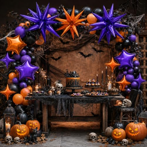 Purple Orange Star Balloon Set - Halloween & Party Decor, 14 pcs