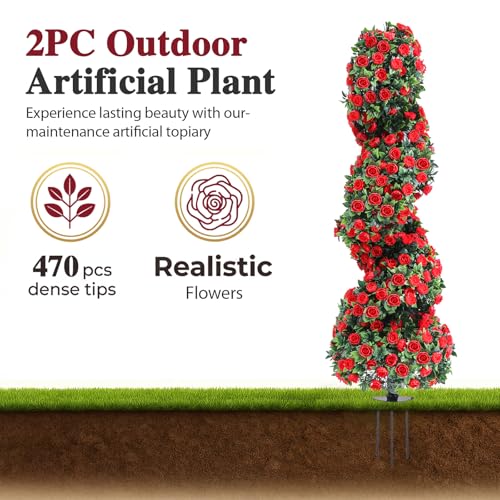 3ft Artificial Topiary Spiral Trees with Roses - Faux Outdoor Bushes Set of 2