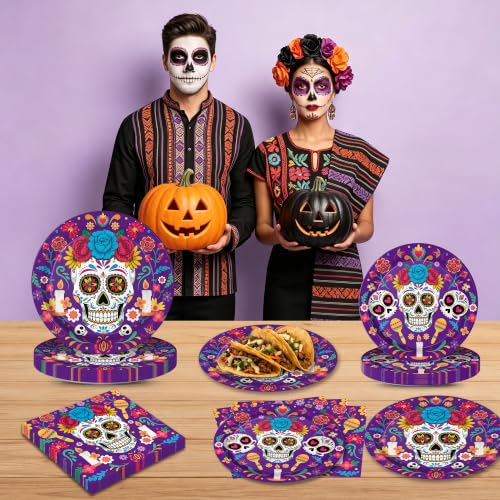 150Pcs Day of The Dead Party Plates and Napkins Set - Dia de Los Muertos Supplies