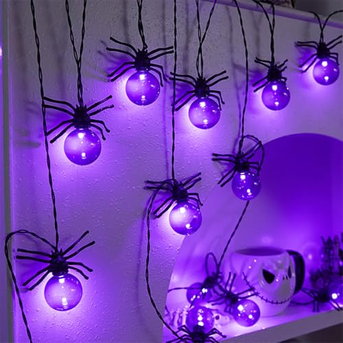 Large Purple Spider Halloween String Lights with Timer - Battery Powered Waterproof Decor