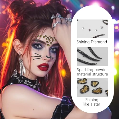 Leopard Face Stickers Halloween Face Tattoo with Rhinestones - Variation 01