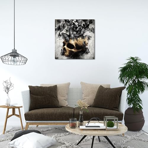 Grey Skull Wall Art with Butterfly - Gothic Room Decor 24x24 Inch Frame
