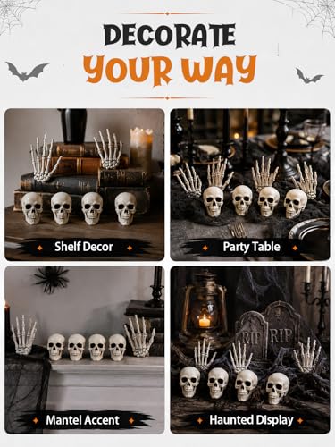 Halloween Skeleton Decorations Set with Skull Heads and Hands - 8 Pack Miniature Props for Haunted House & Yard Decor