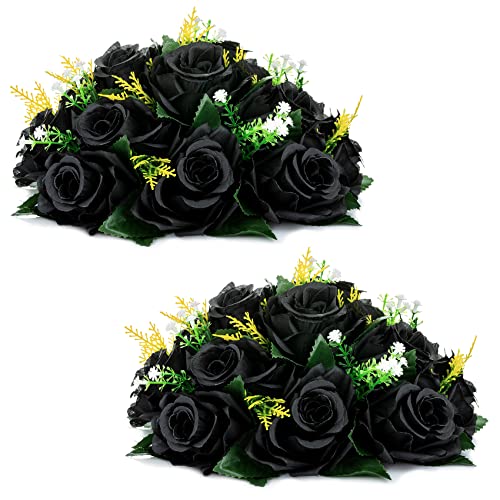 Black Artificial Rose Flower Balls - 2 Pcs Gothic & Halloween Decor