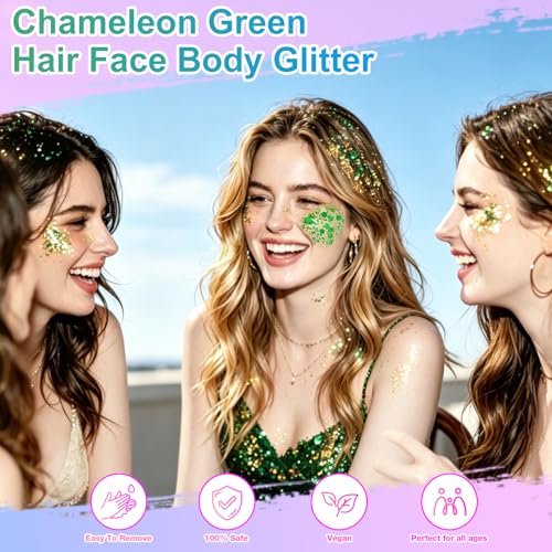Green Body & Face Glitter Gel - Self-Adhesive Holographic Chameleon 18ml Set