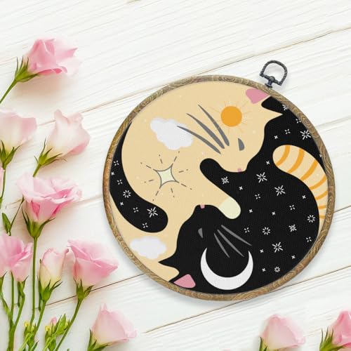 Black Cat Sun and Moon Round Wall Decor - 10.2x10.2 Inch Framed Canvas Art for Home & Office