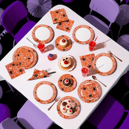 Halloween Party Decor Paper Plates & Napkins Set - Orange Spider Web Design for 25 Guests
