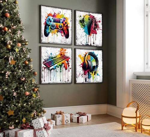 Game Room Wall Art Set - 16x16in Graffiti Gamepad Headphones Posters - 4 Pieces - Kids Bedroom Decor - Game Enthusiast Gift - Variation of THIS listing