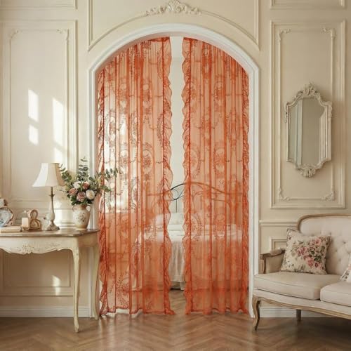 Orange Lace Curtains 55x63 Inches - 2 Panels, Halloween Sheer Floral Window Drapes - Variation of THIS listing