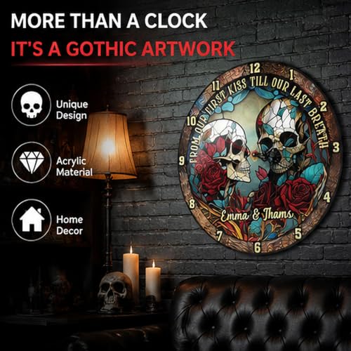 12 Inch Gothic Skull Rose Wall Clock - Halloween Decor & Home Accent