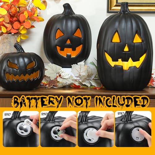 Black Halloween Jack O Lantern Decoration Set with LED Lights - 3 Pcs