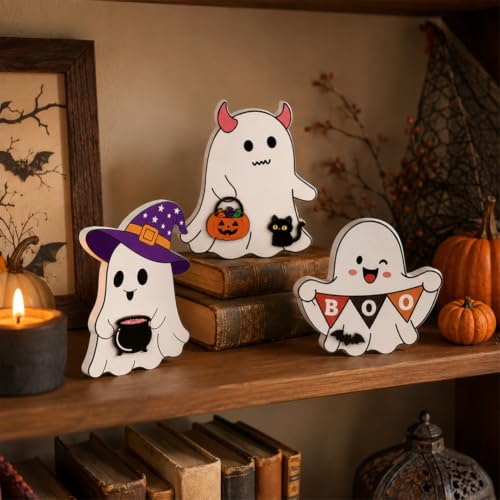 White Wooden Ghost Halloween Decorations Set - Whimsical Table Signs with Bats & Pumpkin