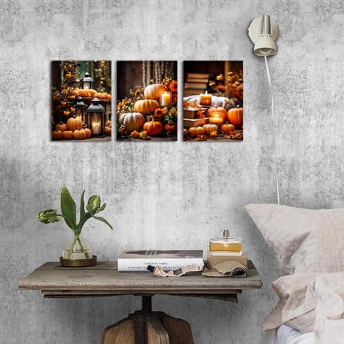 Farmhouse Pumpkin Wall Art Set - Fall Kitchen Decor Canvas Prints 12x16 Inches, 3 Pieces - Autumn Harvest Theme for Thanksgiving & Halloween, Rustic Home Decor