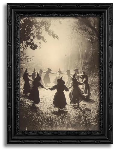 Halloween Witches Gathering Canvas Wall Art - Framed Gothic Forest Scene, 16x12 Inches - Witch B Variation