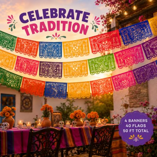 Day of the Dead Papel Picado Decorations - Rainbow Calaveras Banner 50 Feet