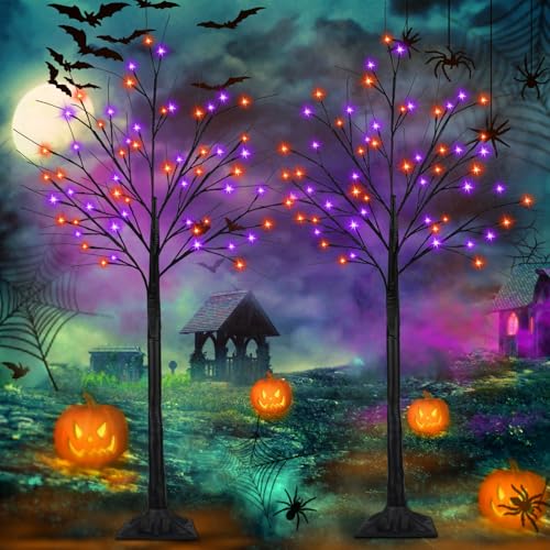 2 Pack 6FT Black Halloween Tree with 288 Orange & Purple LED Lights - Indoor Outdoor Decor