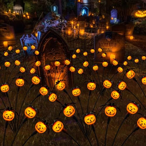 2 Pack Solar Halloween Pumpkin Lights with Spiders & Bats, Swaying Firefly Decor