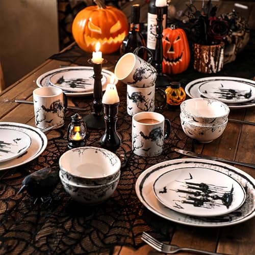 Halloween Gothic Dinnerware Set - Ceramic 16 Pcs Serve 4 Guests - Pickmesh