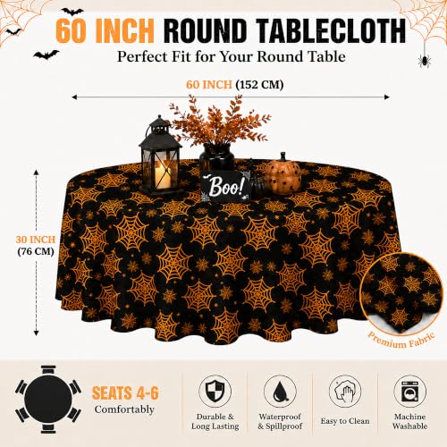 Black Halloween Round Tablecloth 60 Inch Spooky Spider Web Design