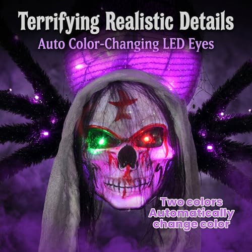 52-Inch Wall-Mounted Halloween Giant Skull Face Spider with Flashing Red & Green Eyes - Outdoor Decoration
