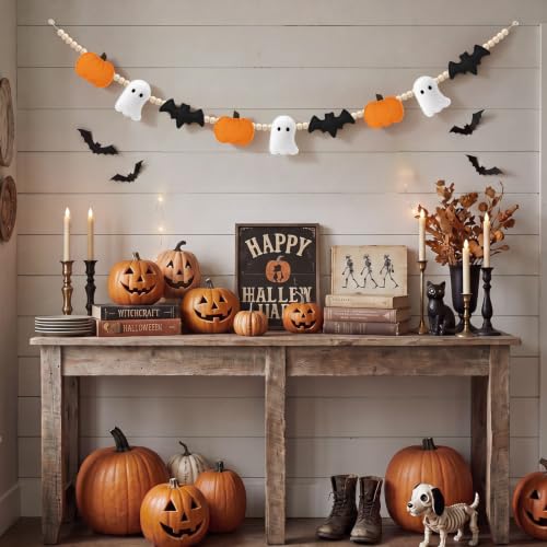 Halloween Felt Wood Beads Garland - Pumpkin Ghost Bat Banner, 8.2ft Autumn Decor