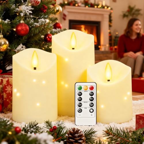Flameless Candles with Timer - Ivory 3-Piece Battery Operated Flickering Pillar Candles for Holiday & Home Decor