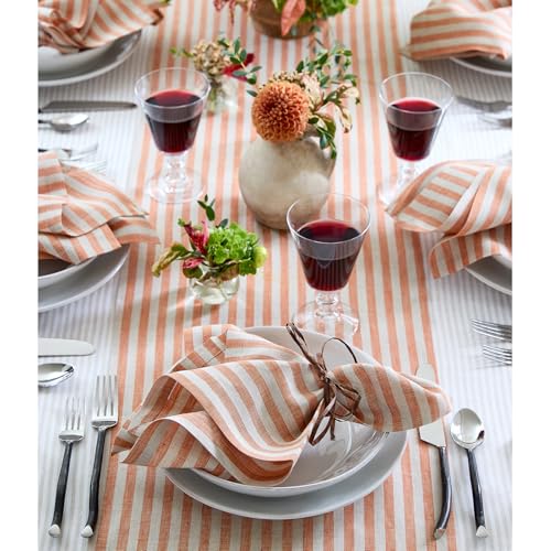 Linen Table Runner Pumpkin & Natural 14x132 Inch - Amalfi Stripe, Handcrafted
