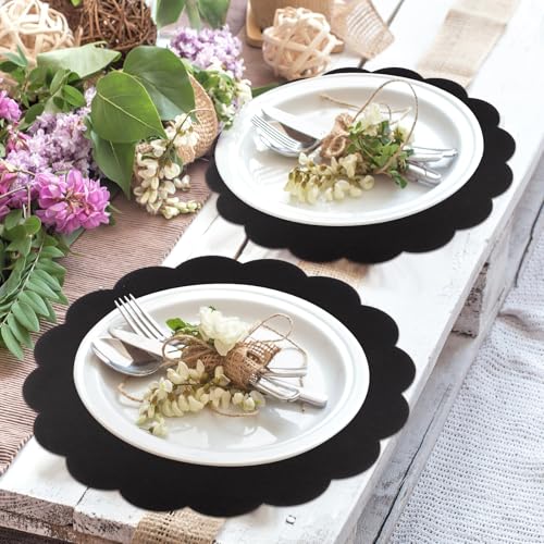 Black Paper Placemats 13.5 Inch Scalloped Halloween Table Decor - 60 Pcs