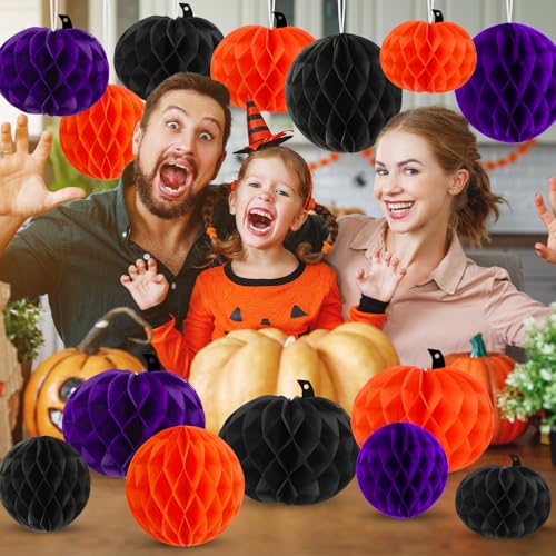 Halloween Honeycomb Hanging Decorations Set - Orange Purple Black, 15 Pieces - Halloween Style