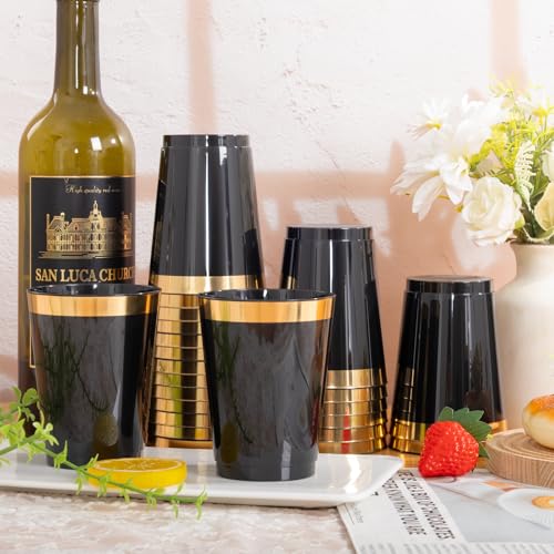 200 Pack Black Plastic Cups 10 oz with Gold Rim - Disposable Party Cups