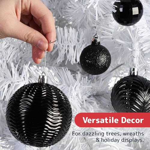 Black Christmas Ornaments Set - 36 Shatterproof Balls in 6 Styles & 3 Sizes