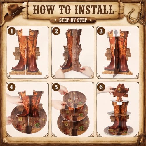 Cowboy Cupcake Stand with 24 Western Cake Toppers - Rustic 3 Tier Party Decor