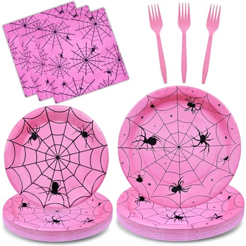 Pink Halloween Spider Web Disposable Dinnerware Set for 24 Guests