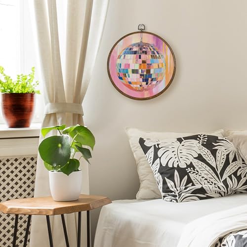 Disco Ball Wall Art Decor - Pink Funky Round Canvas for Bedroom & Kids Room
