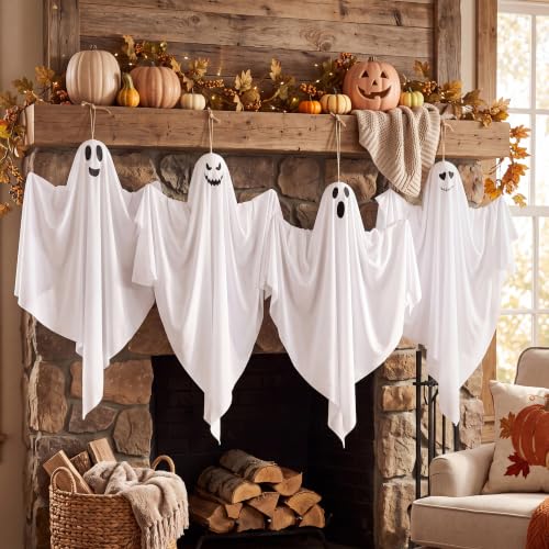 Halloween Flying Ghost Decorations Set - 4 Cute Hanging Ghosts for Yard & Party