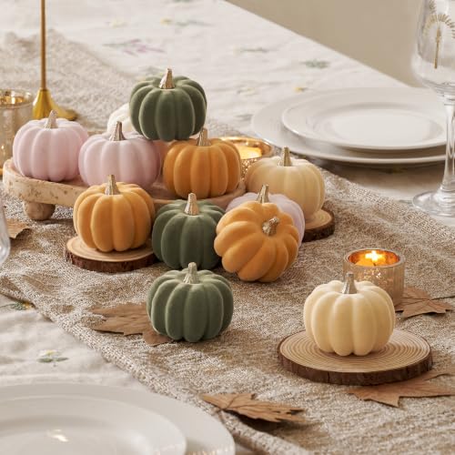 Mini Fall Pumpkin Decor Set - 12 Pastel Velvet Pumpkins with Variations Pink, Orange, Green & White