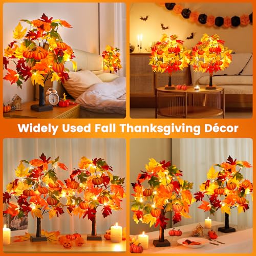 2 Pack 24-Inch Lighted Fall Maple Trees with Pumpkins - Indoor Halloween Thanksgiving Decor