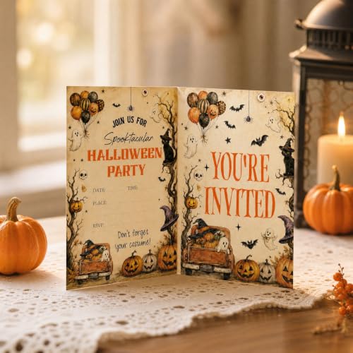 Halloween Party Invitations Kids - Truck Design, 25 Set with Envelopes & Stickers