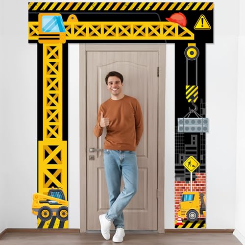 Construction Door Banner Set - Party Decorations for Construction Theme Events - Includes Top & Porch Banners - Yellow Excavator Design - Variation: Construction