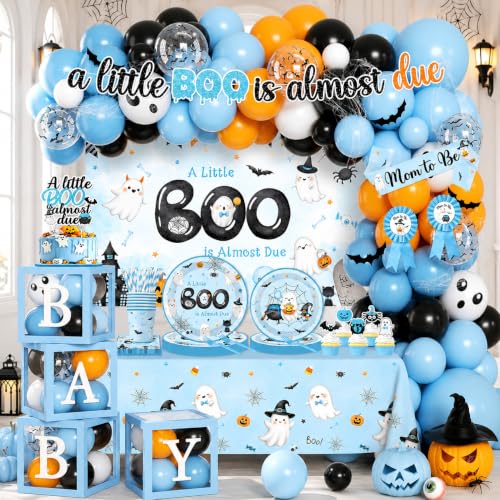 Halloween Baby Shower Decorations Set - 268Pcs Little Boo Is Almost Due Party Supplies for Boys