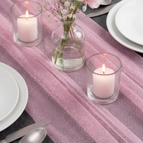 Pink Metallic Fall Halloween Table Runner 10 ft Sheer Glitter Tulle Decor - Variation of Pink / 1