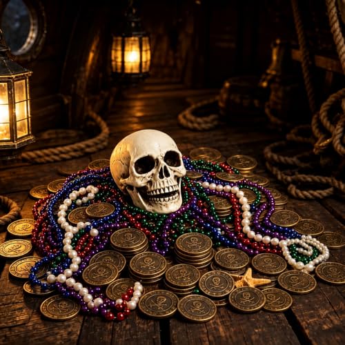 Pirate Treasure Party Decorations Kit with Coins Beads and Skull - Halloween & Birthday