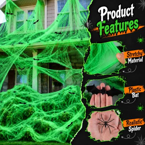 Halloween Spider Web Decorations with Black Light Lamp - 1000 Sq Ft Coverage, Includes Fake Spiders & Bats