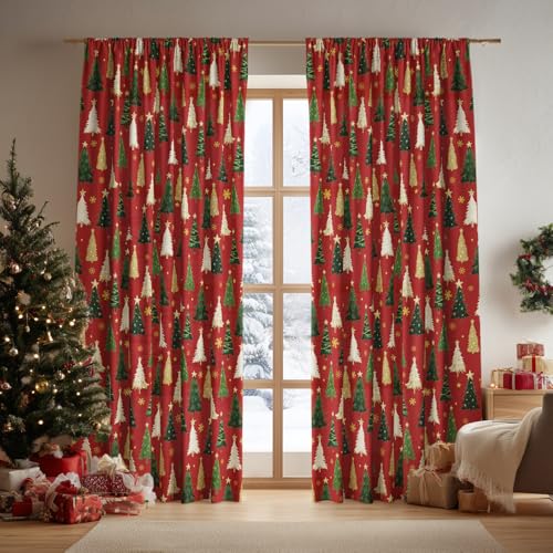 2Pcs Christmas Red Sheer Curtains 52x96in with Xmas Tree Star Foil - Holiday Home Decor