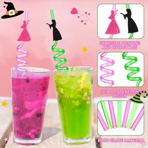 Reusable Witch and Princess Party Straws - Pink & Green Plastic Drinking Straws Bulk Set