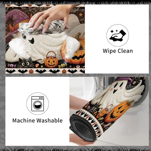 Halloween Ghost Kitchen Rugs Set - Orange & Purple, 3 Sizes, 16x31/47/59 in - Festive Fall Decor