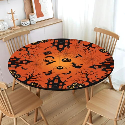 Spooky Spiderweb Halloween Round Fitted Tablecloth 44 Inch Orange & Black Waterproof Cover - Elastic Edge