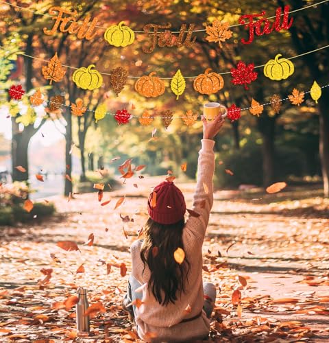 Fall Banner and Garland Set with Glitter Leaves and Pumpkins for Autumn Party Decorations