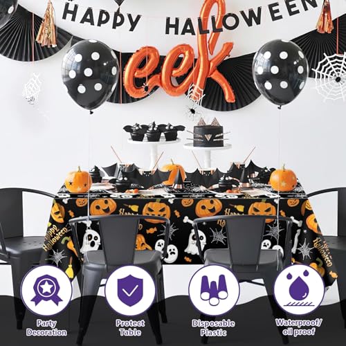 Halloween Tablecloth - Purple Ghost Spider Web Pumpkin 52x87in Disposable Plastic Table Cover - Style4