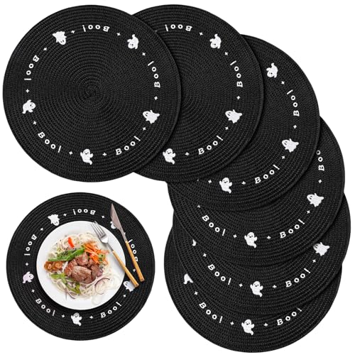 Halloween Ghost Placemat Set - Black Round Embroidered Plastic Table Mats, 6 Pcs